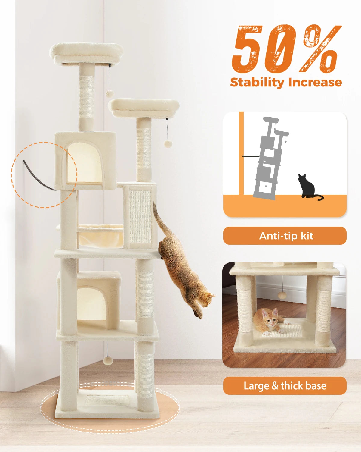 Tall Multi-Level Cat Tree – Large Perches, Hammock & Sisal Scratching Posts