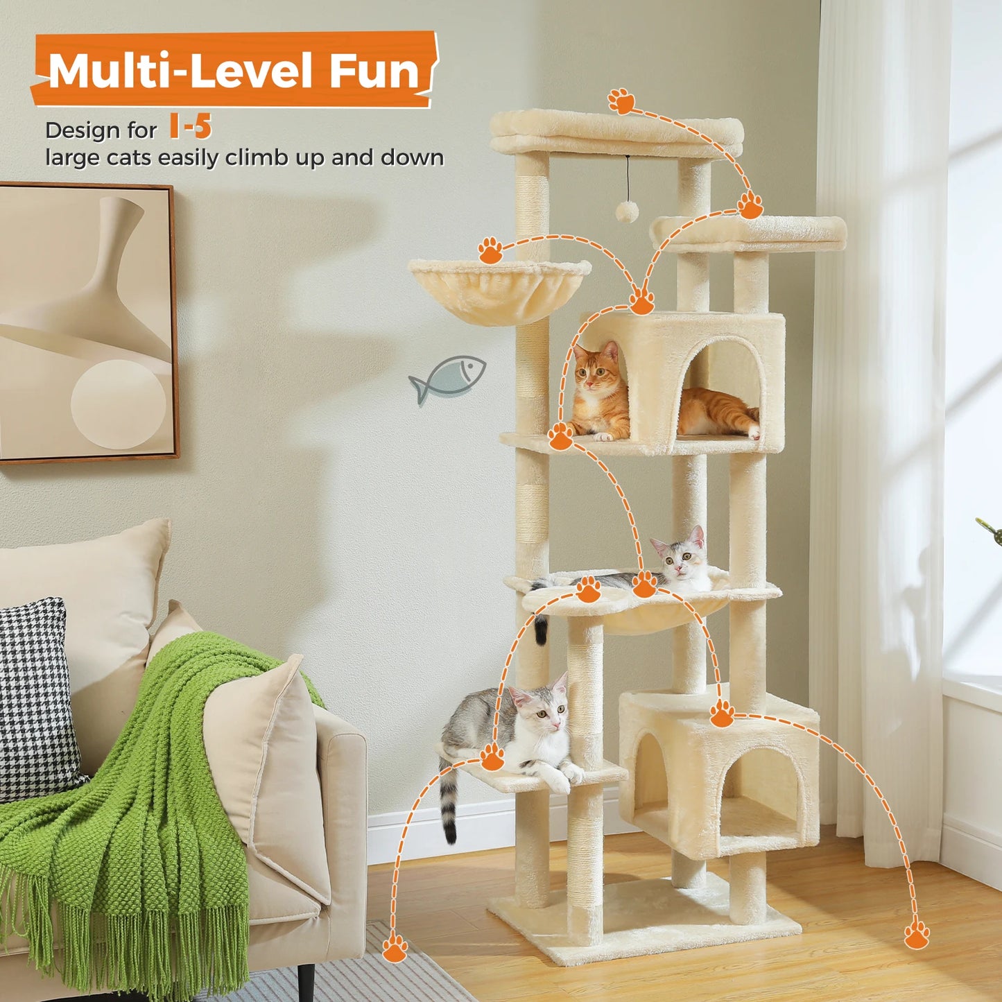 Tall Multi-Level Cat Tree – Large Perches, Hammock & Sisal Scratching Posts