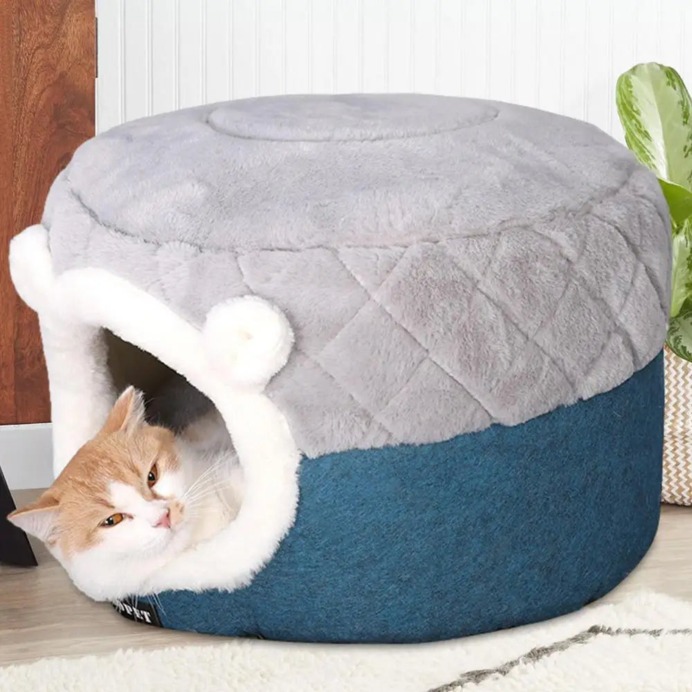 2-in-1 Quilted Cat Cave – Cozy & Portable Indoor Pet Bed with Plush Cushion