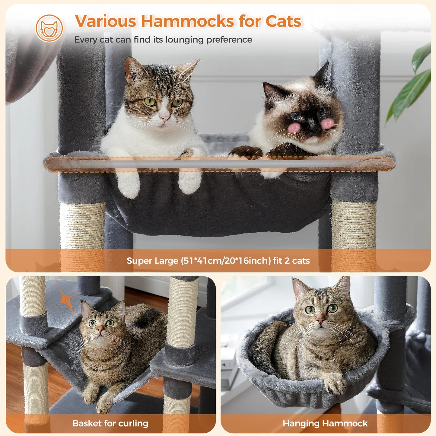 Tall Multi-Level Cat Tree – Large Perches, Hammock & Sisal Scratching Posts