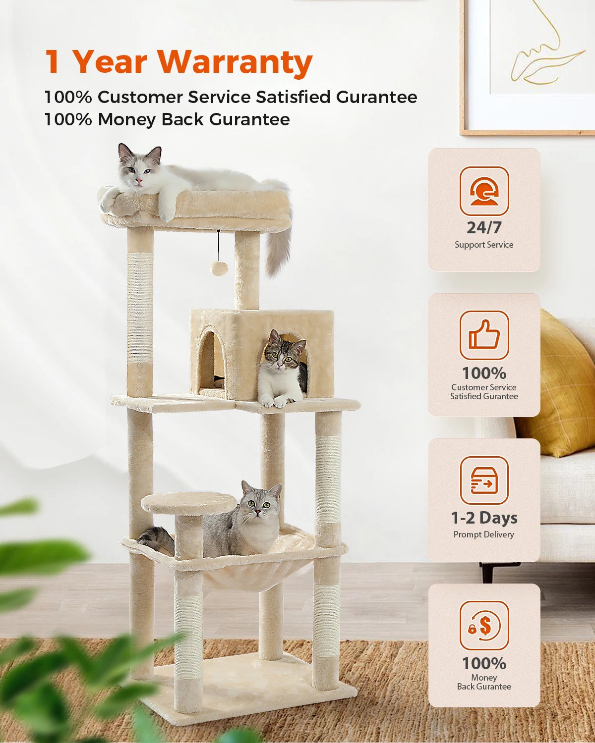 5-Level Cat Tree – Large Hammock, Sisal Scratching Posts & Cozy Condo (143cm Tall)