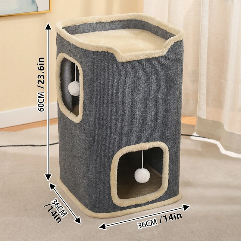 2-Layer Indoor Cat House – Cozy Multi-Level Cat Cave with Hanging Toy