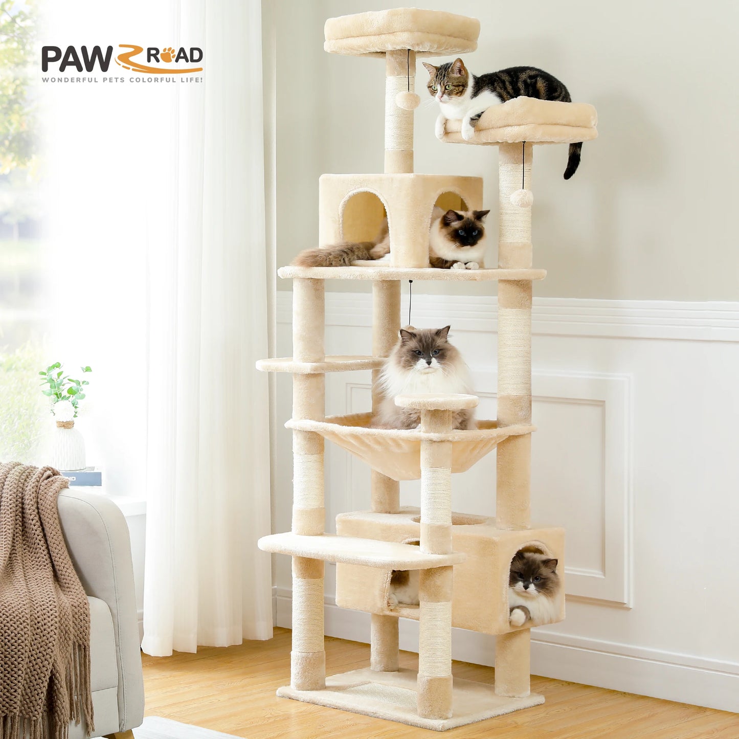 Tall Multi-Level Cat Tree – Large Perches, Hammock & Sisal Scratching Posts