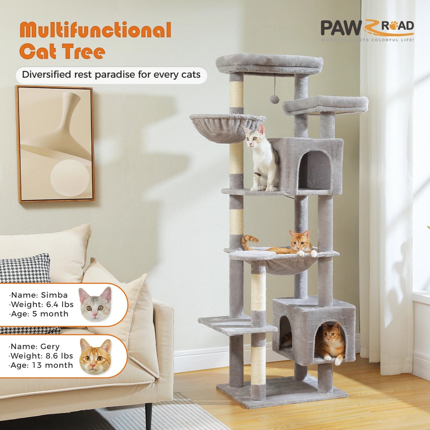 Tall Multi-Level Cat Tree – Large Perches, Hammock & Sisal Scratching Posts