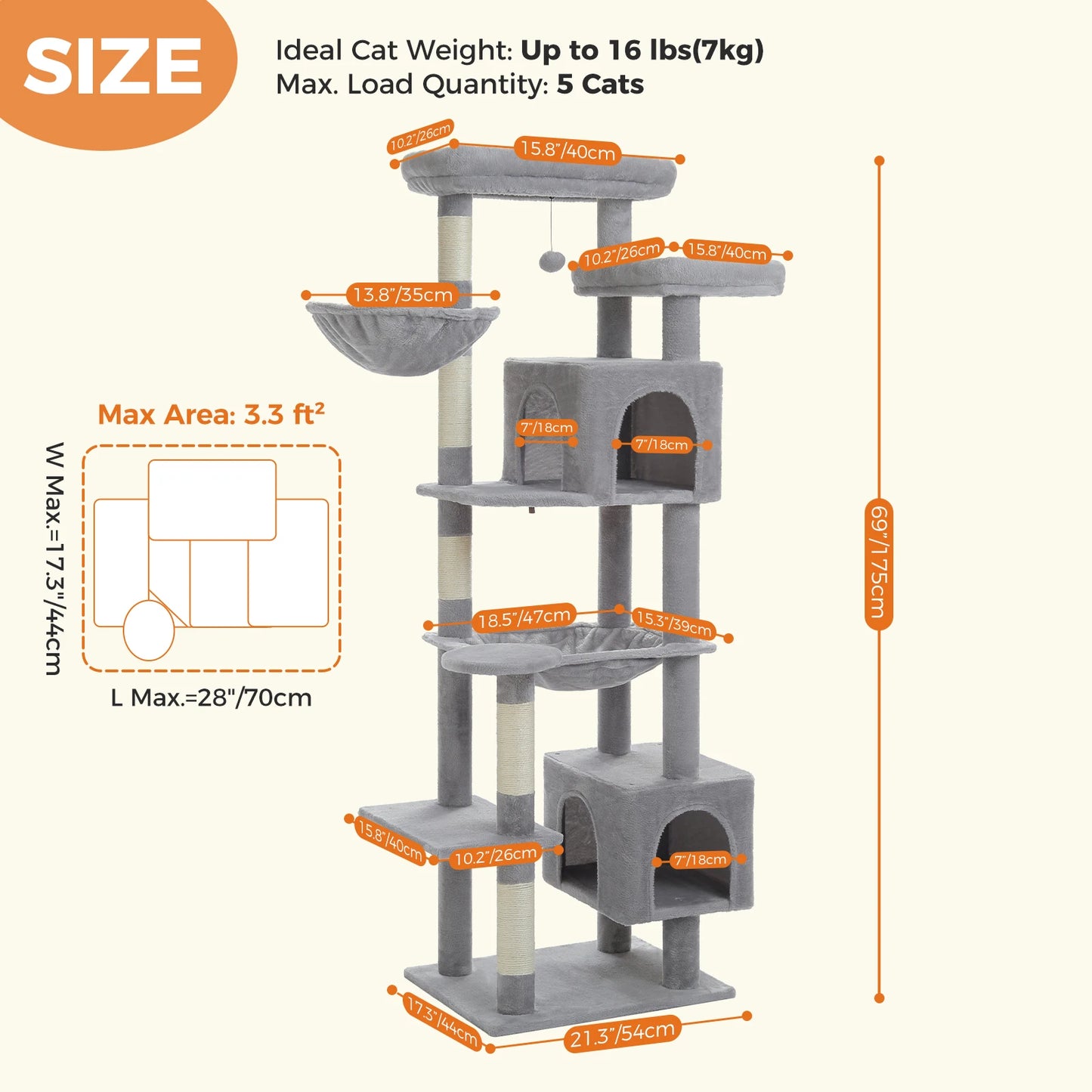 Tall Multi-Level Cat Tree – Large Perches, Hammock & Sisal Scratching Posts