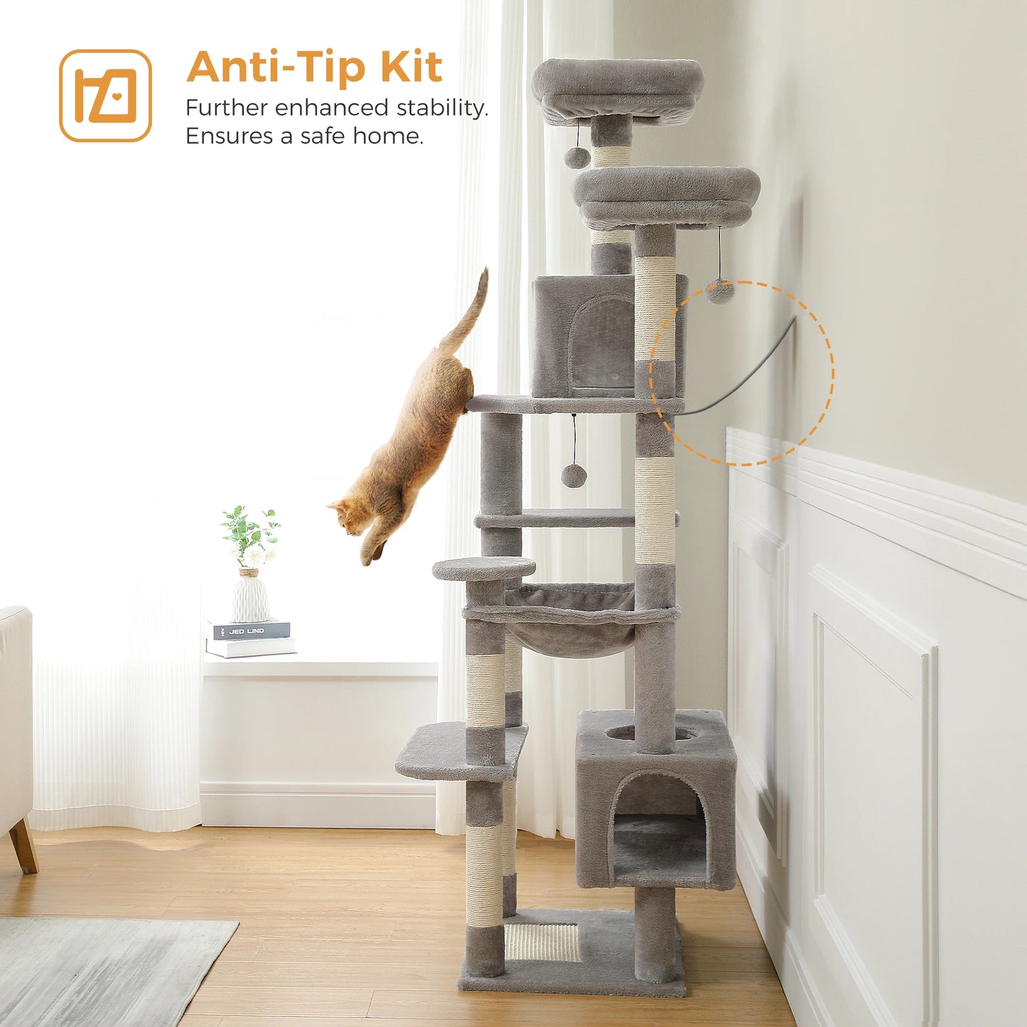 Tall Multi-Level Cat Tree – Large Perches, Hammock & Sisal Scratching Posts