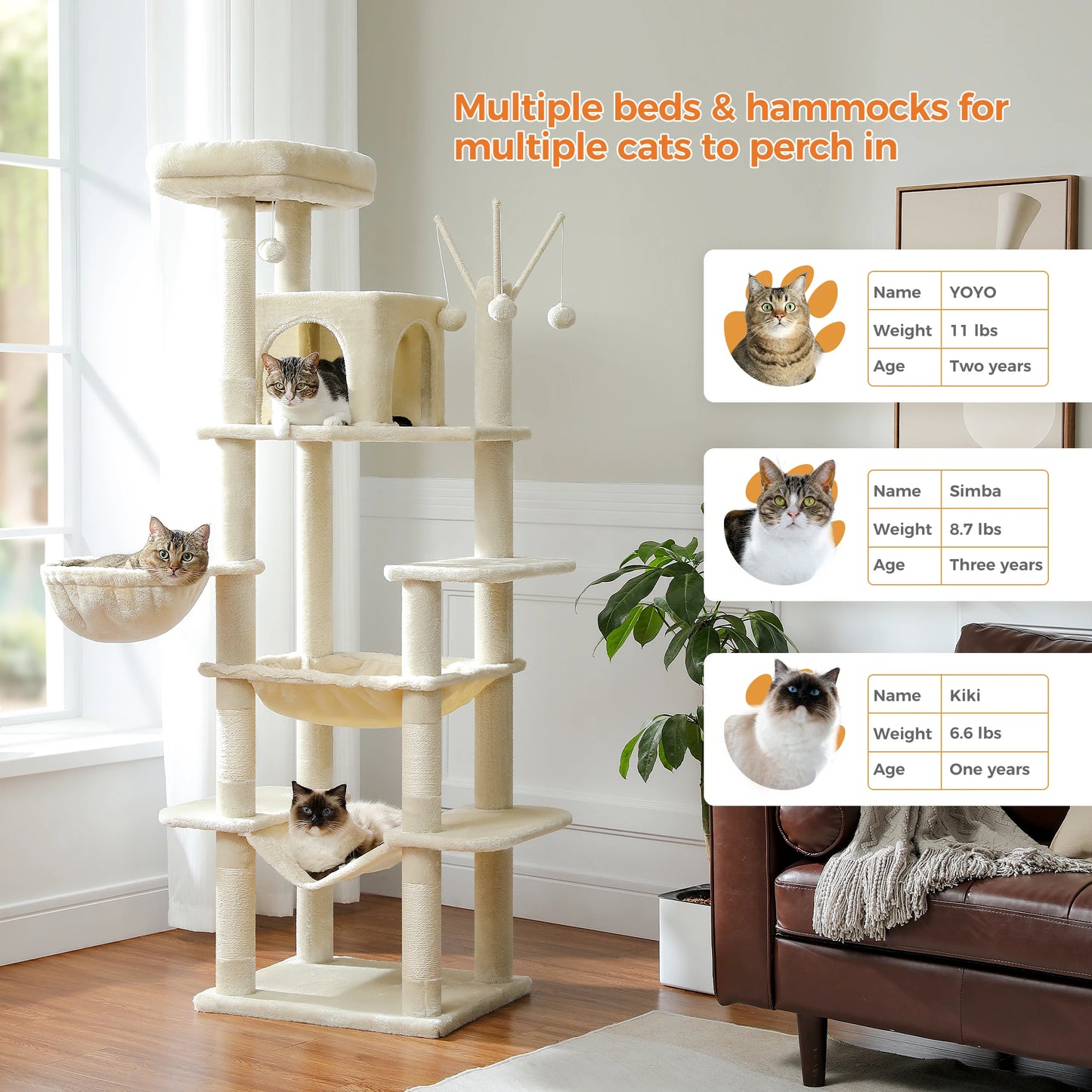 Tall Multi-Level Cat Tree – Large Perches, Hammock & Sisal Scratching Posts