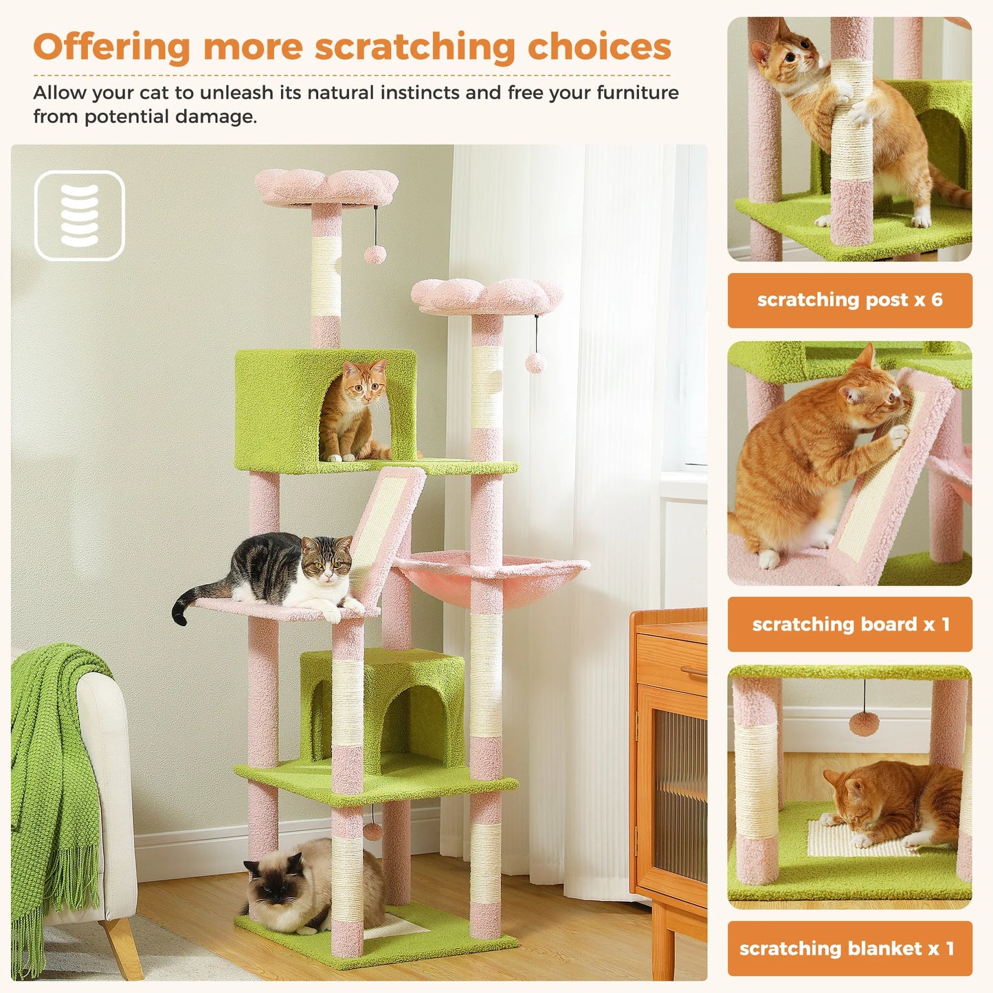 Tall Multi-Level Cat Tree – Large Perches, Hammock & Sisal Scratching Posts