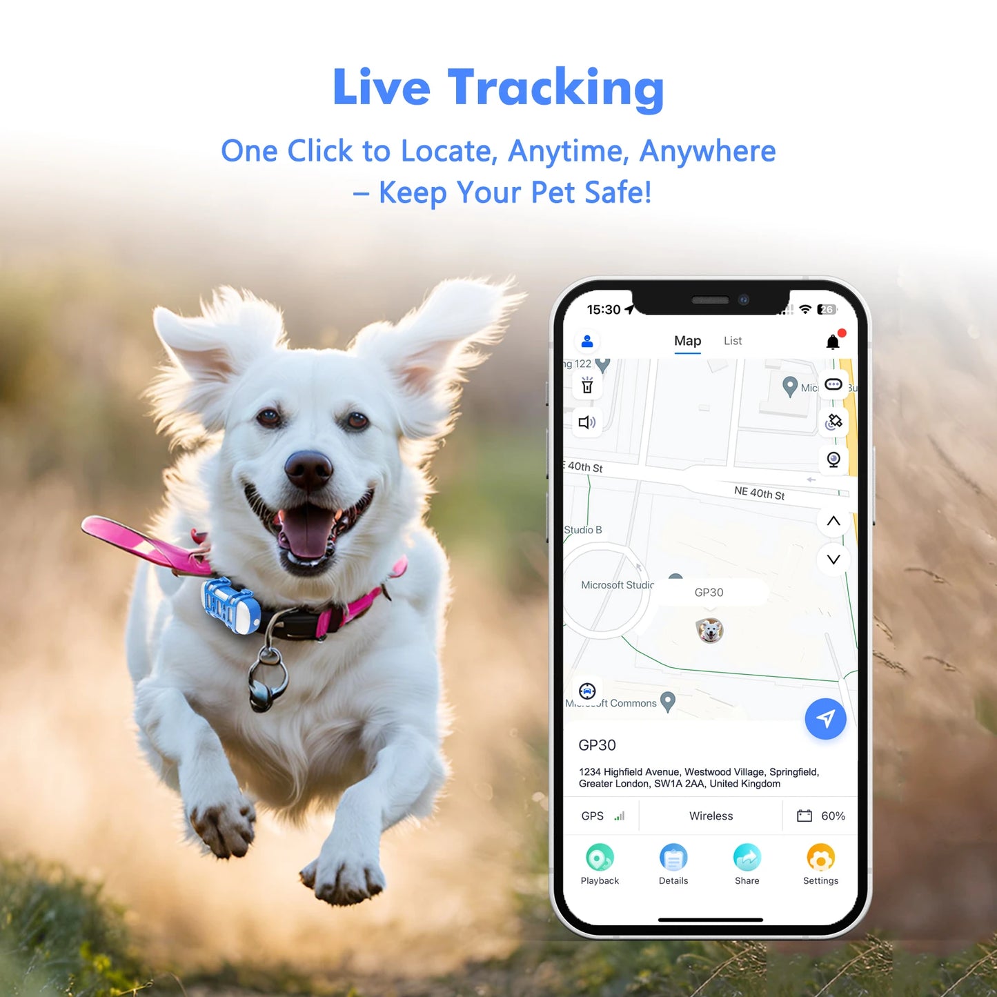 Smart GPS Pet Tracker – 4G LTE Waterproof Locator with Bell & Light Search, Real-Time Tracking & Safe Zone Alerts