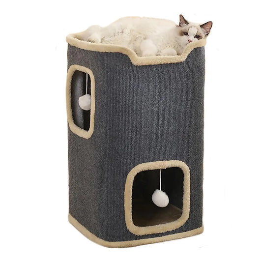 2-Layer Indoor Cat House – Cozy Multi-Level Cat Cave with Hanging Toy