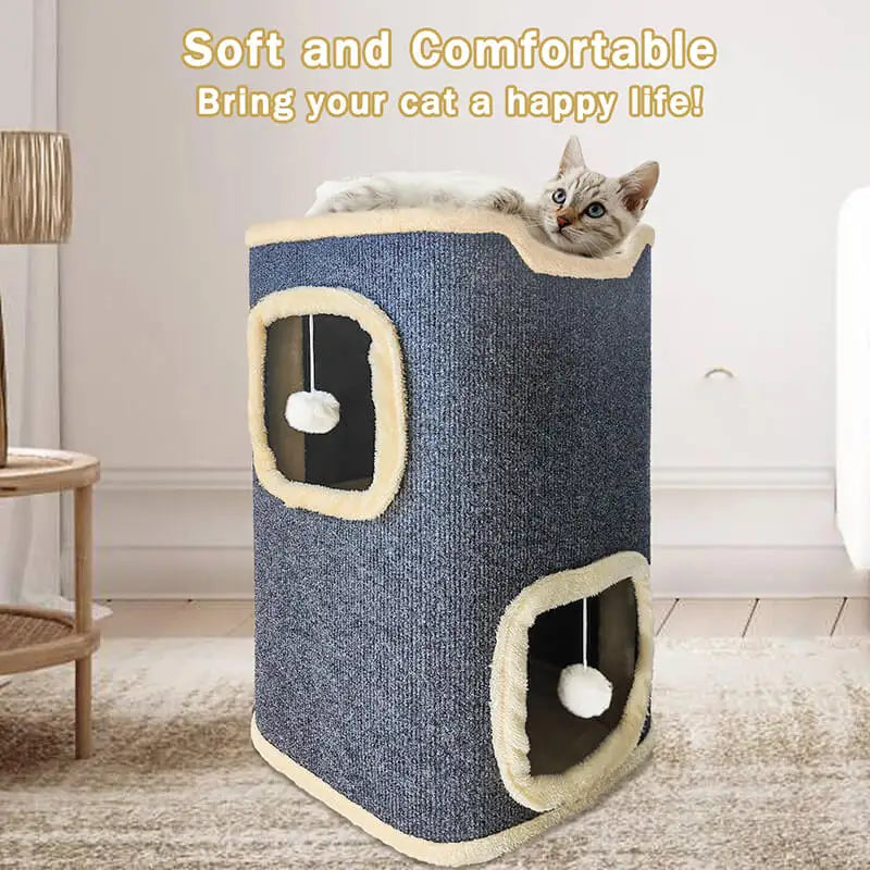 2-Layer Indoor Cat House – Cozy Multi-Level Cat Cave with Hanging Toy