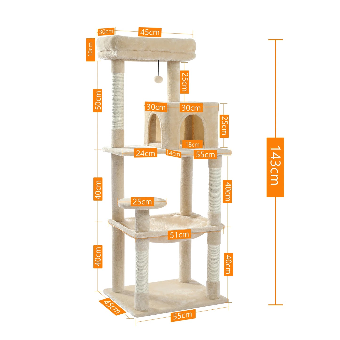 5-Level Cat Tree – Large Hammock, Sisal Scratching Posts & Cozy Condo (143cm Tall)