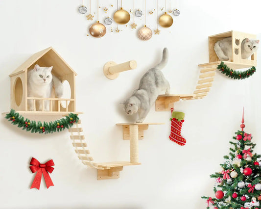 Wall-Mounted Cat Shelves – Wooden Climbing Set with Condos, Perches, Ladders & Scratching Posts