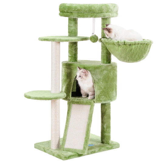 Cozy Corner Cat Tower with Scratching Ramp and Plush Perch Green