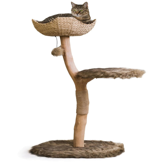 Luxury Wooden Cat Tree – Modern Design with Wicker Basket & Plush Cushion for Large Cats (Brown)