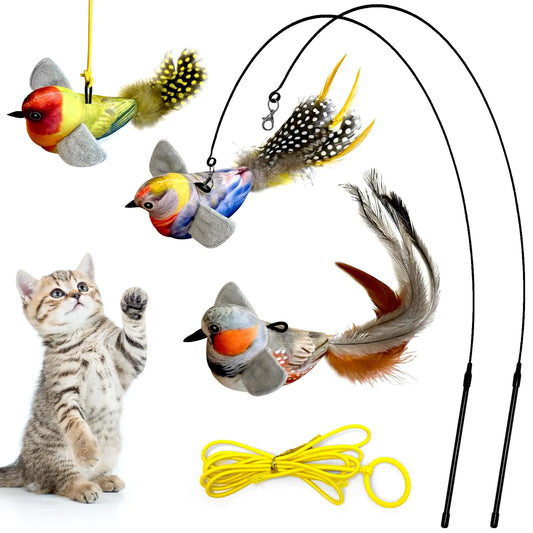 Interactive Feather Cat Toy with Simulated Bird Sounds for Indoor Cats